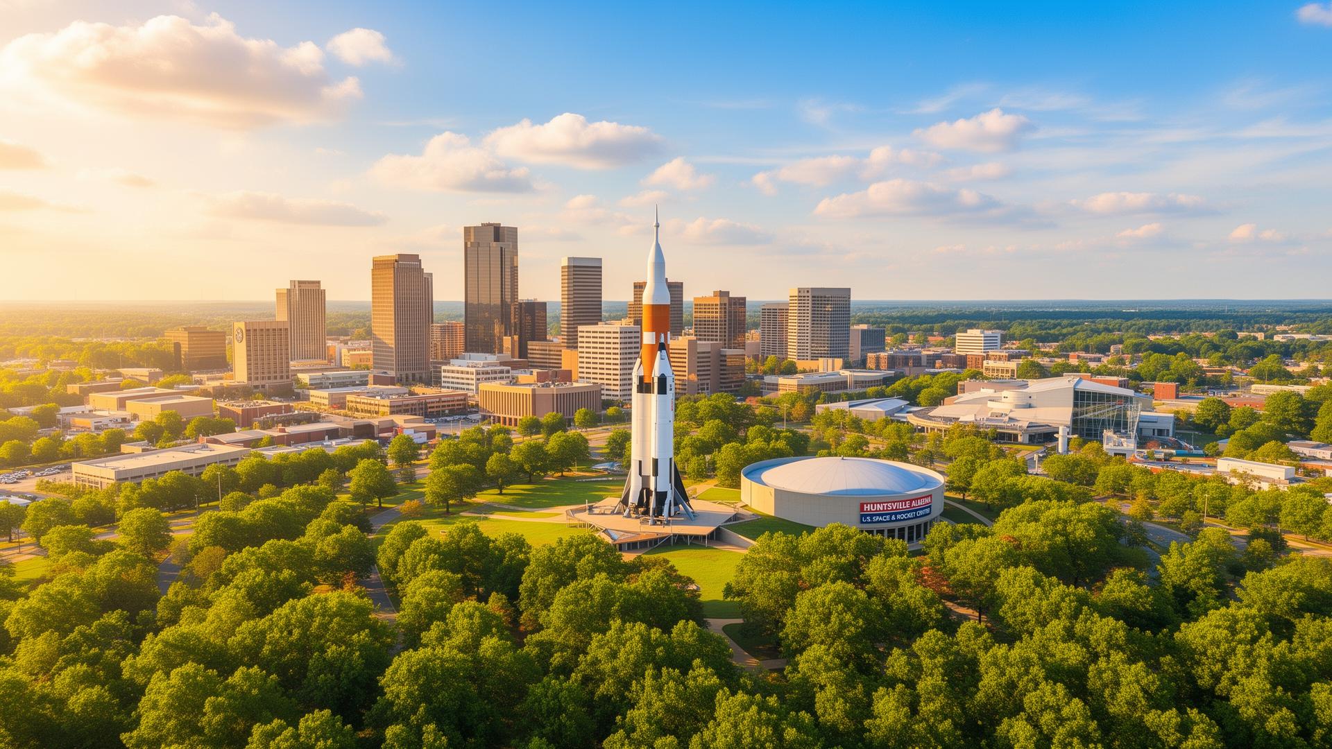 Huntsville Alabama skyline with the Saturn V rocket