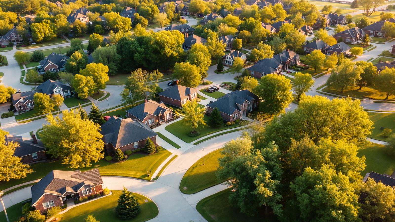 Aerial view of a tree-lined Madison Alabama neighborhood