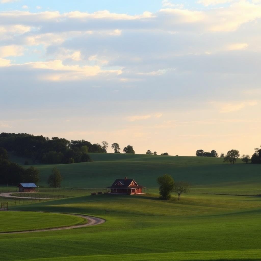 Rolling green pastures and farmhouse in New Market Alabama