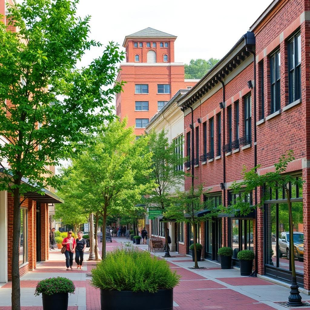 Walkable brick town center with sidewalks and street trees in Providence Huntsville