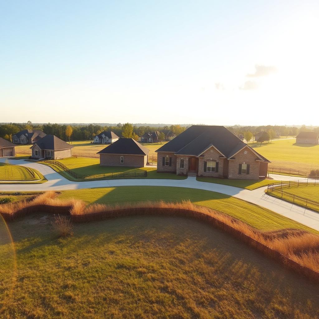 Newer-construction brick homes on large lots in Toney Alabama at golden hour
