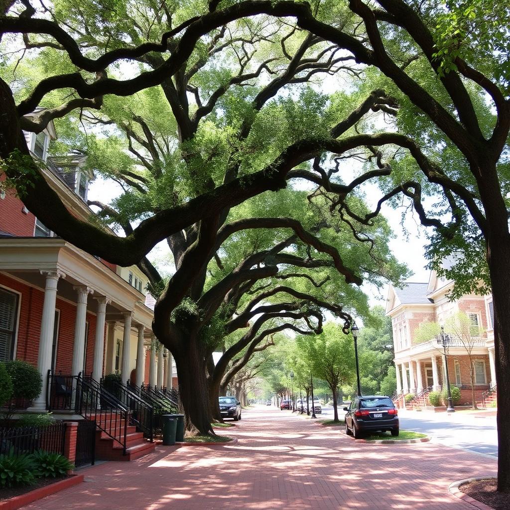 Historic homes under massive oaks on a brick sidewalk in Twickenham Huntsville